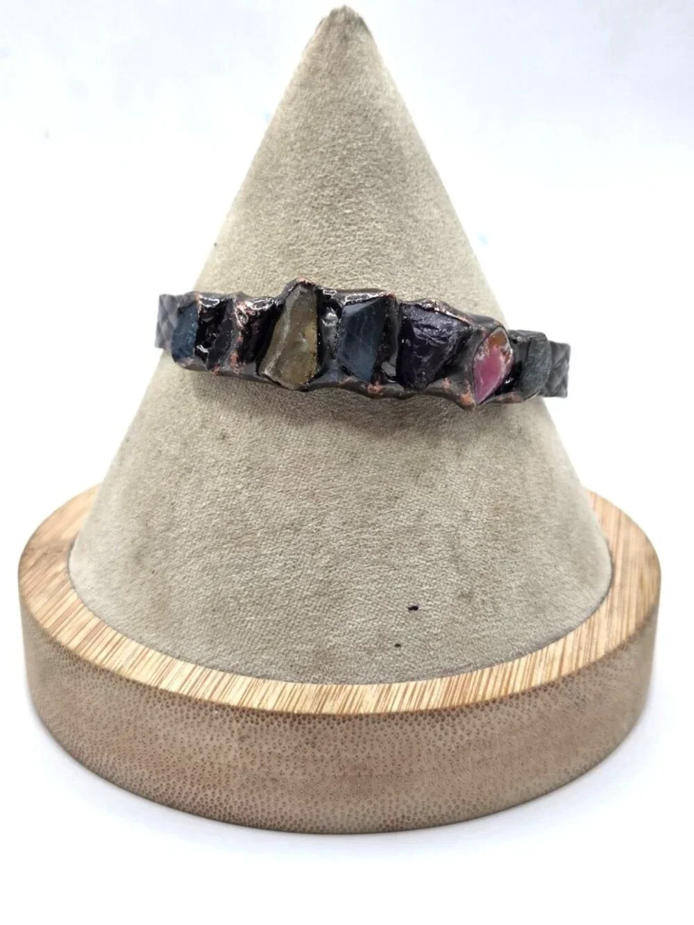 Raw Crystal Copper Cuff Bracelet With Woven Texture & Multicolor Stones
